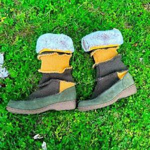 Sam Edelman Color Block Suede Sweater Cable Knit Faux Fur Boots Rare